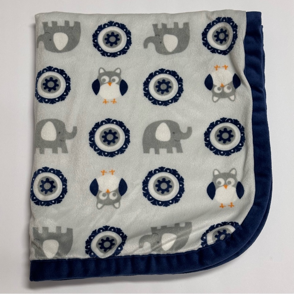 Blankets and Beyond Baby Blanket Navy Blue Gray White Owls Elephants Soft 31x27"